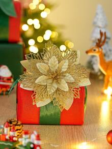 20/10/1pc Poinsettia Christmas Floral With Clips, Christmas Decorations, Shiny Poinsettia, Christmas Tree Flower Decor, DIY Christmas Wreath, Home Holiday Party - Gold - View 5