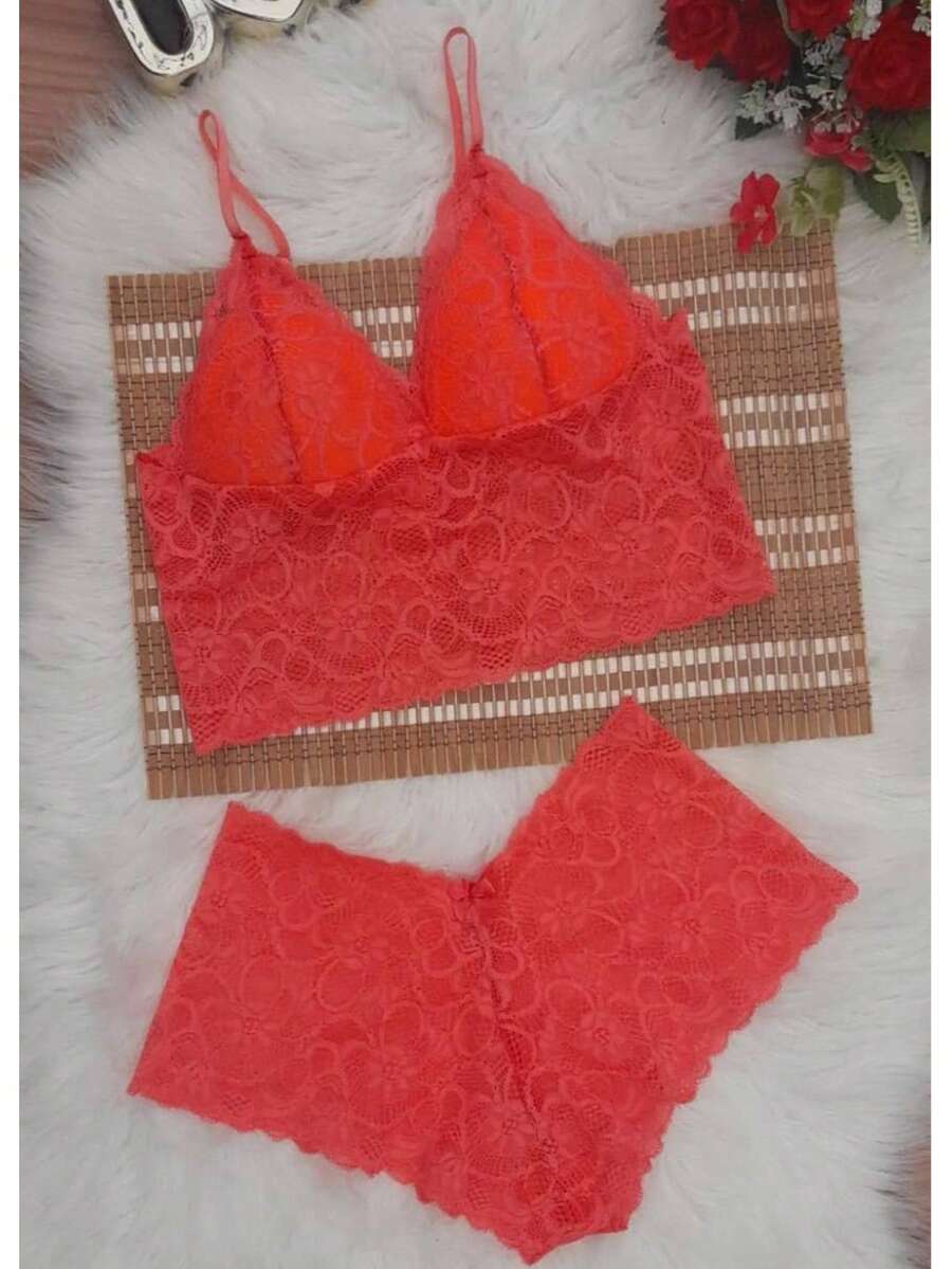 Simples Romântico Conjunto Alça Normal   Renda - Coral - Visão 1