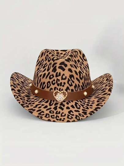 1pc Leopard Print Western Cowboy Hat, Made Of Felt Material With Detachable Heart-Shaped Decor Band, Printed Design, Suitable For Daily Wear And Halloween-Christmas Occasions