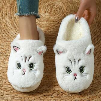 Cute Cat Pattern Plush House Slippers, Comfortable And Adorable. Adorable Cat Embroidered Plush Indoor Slippers, A Must-Have For Fashionable Home Wear