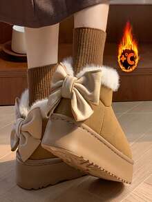 女士厚底蝴蝶结雪地靴，冬季保暖内衬高帮面包鞋，全包跟保暖时尚室内家居拖鞋 - 棕色 - 查看 3