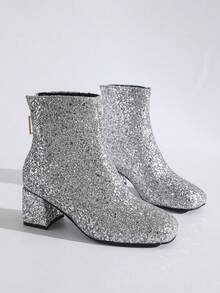 Women's Fashion Glitter Chunky Heel Ankle Boots, Back Zipper Square Toe High Heel Boots, Runway Plus Size Dress Boots - Silver - View 9