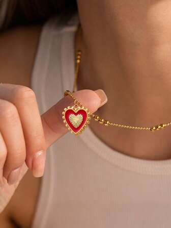 1 pieza Collar con colgante de corazón rojo retro y reversible de acero inoxidable, regalo para mujer