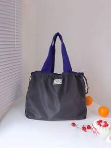 Large Capacity Drawstring Closure Washable Grocery Shopping Tote Bag, Foldable Handheld Storage Bag For Supermarket (All Printed Letters Random) - Grey - View 3