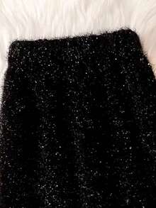 女式毛绒闪亮开衩下摆百搭修身半身裙 - 黑色 - 查看 4