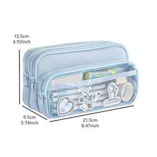 [ Cosmetic Bag] Large Light Blue Multi-Compartment Pencil Case | Twill Fabric With Clear Window, Portable Cosmetic Bag For Stationery, Makeup, And Accessories, Makeup Organizer,Back To School - Multicolor - View 2