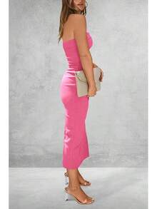 Women's Summer Bodycon Maxi Tube Dress Ribbed Strapless Side Slit Long Going Out Casual Elegant Party DressesHalloween Christmas New Year - 玫瑰粉紅 - 查看 2
