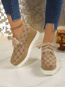 2025 Women's New Dual-Color Sole Platform Shoes, Round Toe Lace-Up Casual/Athletic Style Shoes, Black, Thick Sole, Wedge Heel, Height Increasing, Suitable For Autumn - Brown - View 6