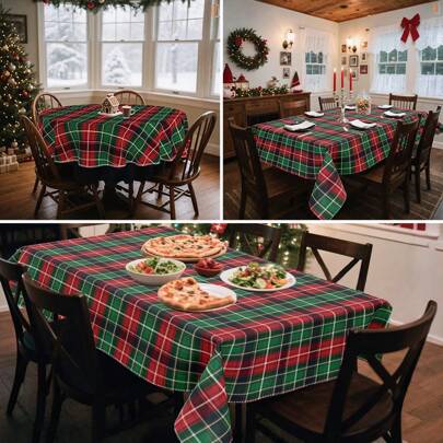 1/36 件圣诞红绿格子图案装饰数码印花桌布 - 矩形和圆形涤纶可洗桌布，适用于室内餐厅装饰、家庭聚会、礼物、节日派对、客厅、厨房、酒店宴会