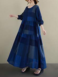 AZAH Women's Plus Size Blue Floral Print Long Sleeve Round Neck Pleated Maxi Dress A Line Woven Fabric Modest Summer Dress With Pockets