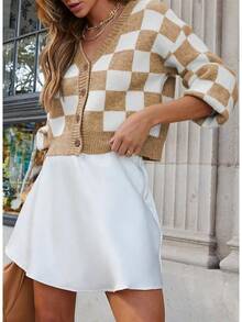 Women's Checkered Button Down Long Sleeve Knit Cropped Cardigan Sweater Tops, Style - Khaki - View 2