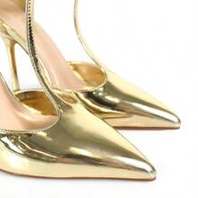 时尚女士镜面金色漆皮尖头T型带高跟凉鞋春夏度假鞋 - 金色 - 查看 4