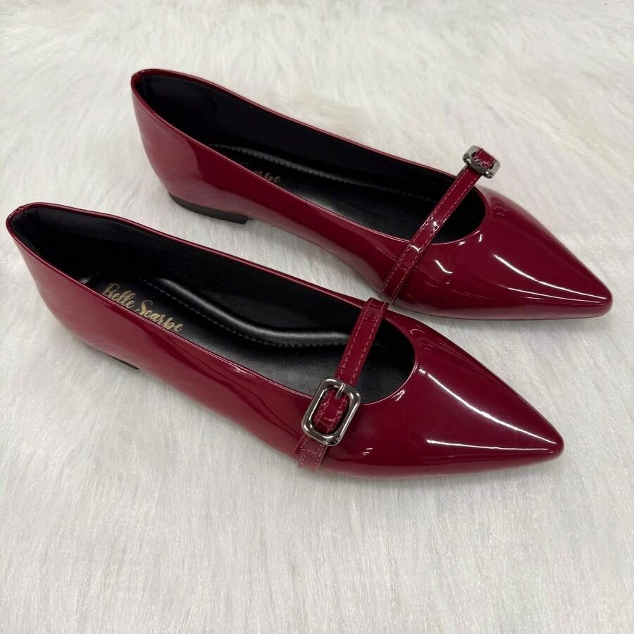 Elegant Classic Women's Casual Comfort Patent Leather Buckle Pointed Toe Black Almond Flats - Burgandy - 查看 1