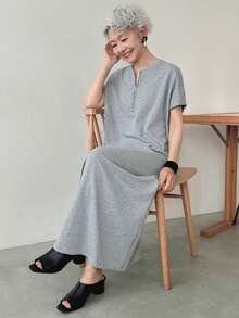 FRIFUL Abito lungo estivo casual da donna con cerniera metallica, colore unito, manica corta, ampio, abito da laurea per signore - Grigio Chiaro - Visualizzare 1