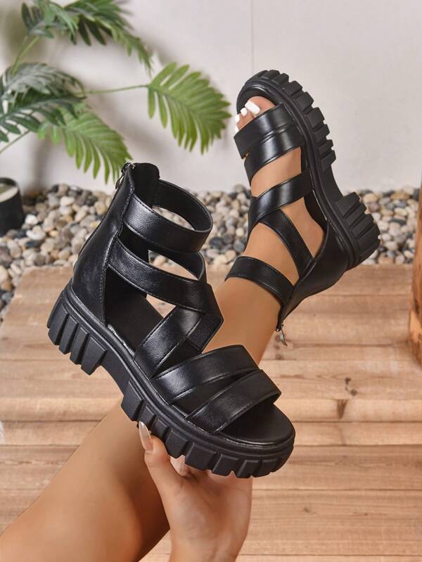 Damen Boho-Stil Plateau-Römersandalen, Punk-Schnallen-Akzent! Weiche Sohle & atmungsaktiv. Kreuzriemen-Design, einzigartig & auffallend, dicke Sohle verleiht Größe, streckt die Beinlinie. Geeignet für lange Kleider oder coole Hosen, ideal für Ausflüge, modische Partys und den täglichen Weg, entfaltet vielfältigen modischen Charme!