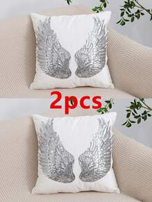 1pc/2pcs White Velvet Silver Wings Pattern Pillow Cover, Bohemian Sequin Embroidery Feather Decor Lumbar Cushion Cover For Bedroom, Living Room, Sofa, Car, Holiday Party, Garden, 30*50cm, 45*45cm, Pillow Insert Not Included