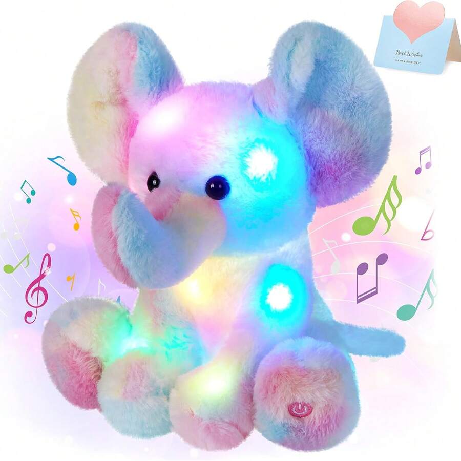 Glow Guards 12'' Musical Light Up Rainbow Elephant Stuffed Animal,LED Singing Soft Wildlife Animal Plush Toy With Night Lights&Lullaby,Birthday Children's Day Hoilday Gift For Toddler Kids - White - View 1