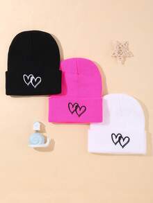3 Piecesembroidered Double Heart Children's Knitted Hat For Daily Casual Wear For Boys And Girls, Autumn, Spring And Winter Anti-Cold - Multicolor - View 2