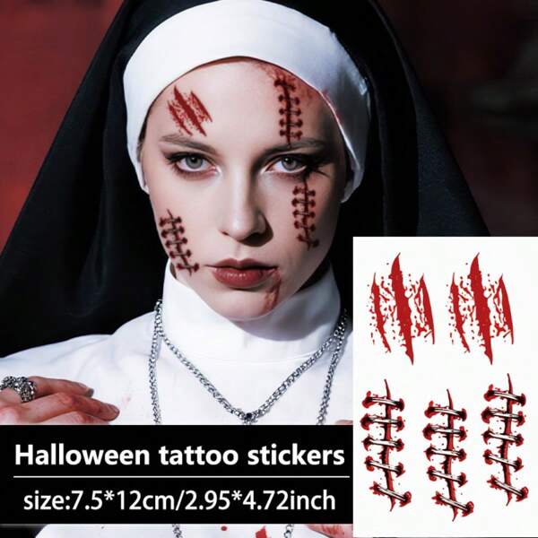 1Pc Halloween Tattoo Fake Tattoo Temporary Tattoo Scar Blood Colorful Waterproof Sweatproof Disposable For Women And Mem Face, Arm, Waist, Chest, Leg, Abdomen, Neck, Hand, Finger, Back For Dancing Party Stage Performance Modernist Body Art