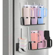 Soporte Magnético para Vasos y Botellas, Organizador para Refrigerador, Disponible en 1 Pieza o Juego de 3, con Porta Botellas y Porta Tapas, Organizador para Vasos 40 Oz y Accesorios, Capacidad para 6 Botellas - Negro - Ver 1