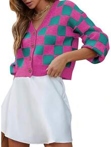 Women's Checkered Button Down Long Sleeve Knit Cropped Cardigan Sweater Tops, Style - Rose - View 1