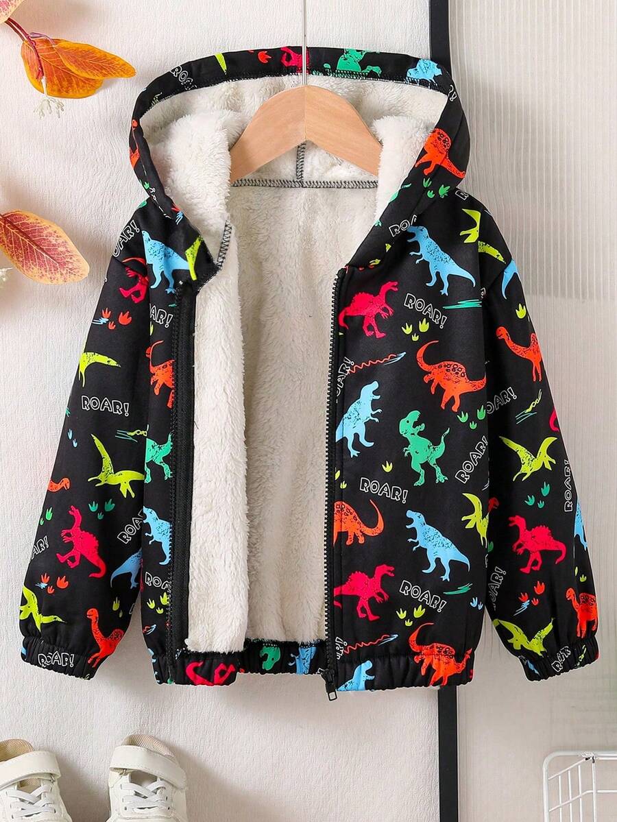 Tween Boy Dinosaur Print Warm Hooded Jacket - Black - View 1