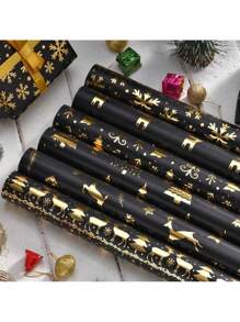 6 件/卷，12 件/卷，圣诞铝箔礼品包装纸，复古黑金色鹿，雪花，圣诞树图案，礼品包装纸，圣诞节