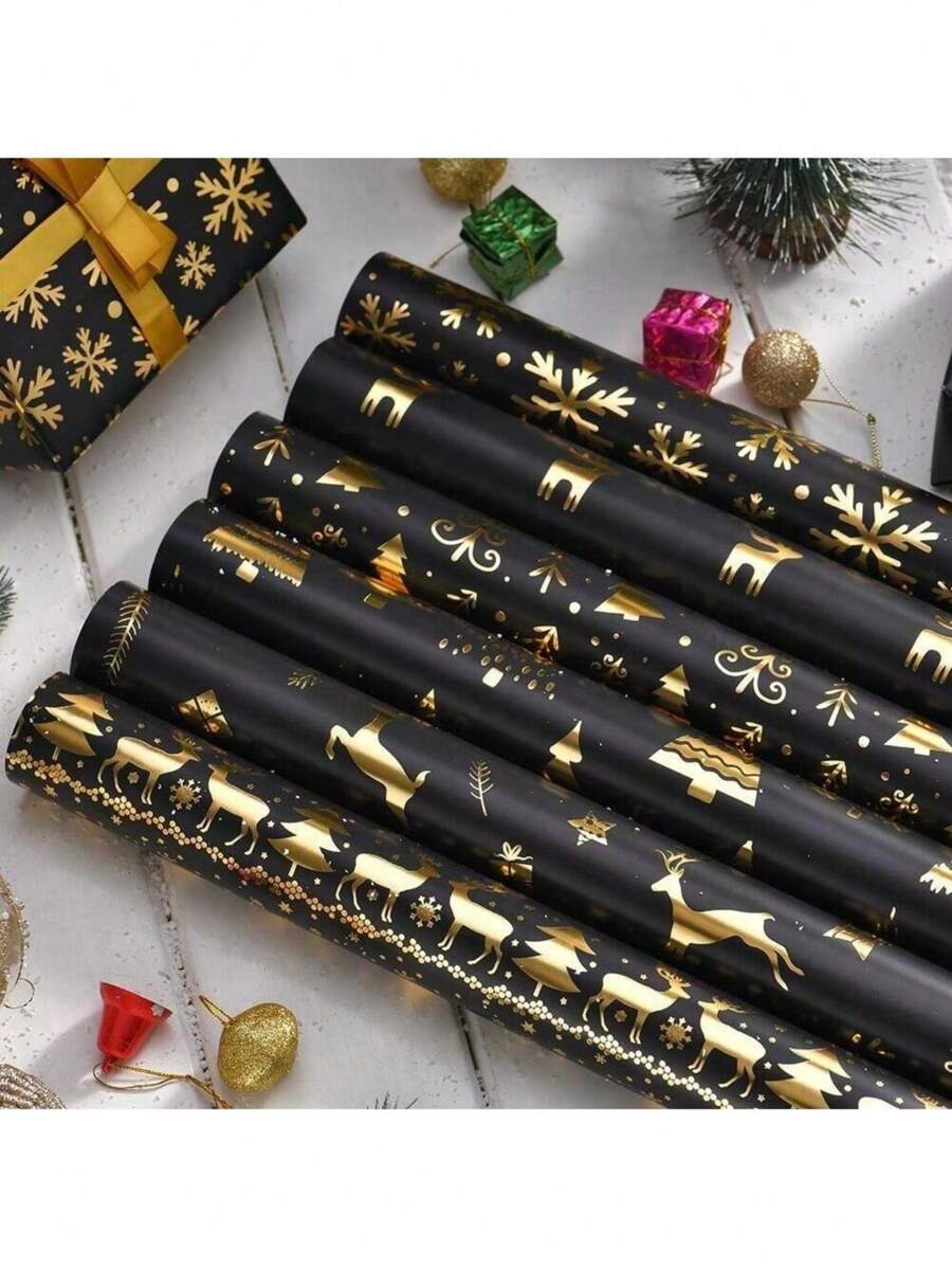 6 件/卷，12 件/卷，圣诞铝箔礼品包装纸，复古黑金色鹿，雪花，圣诞树图案，礼品包装纸，圣诞节