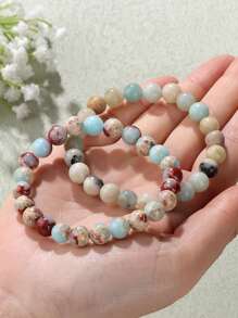 2 件天然石串珠配对手链 8 毫米情侣距离能量手链玛瑙绿松石宝石弹力手镯首饰套装男女礼物 - 彩色 - 查看 3