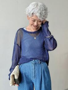 FRIFUL Women's Loose Fit Blue Round Neck See-Through Mesh Overlay Top, Spring/Summer Long Sleeve Top - Navy Blue - View 7