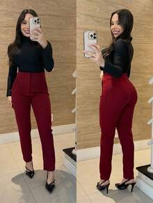 WOMEN'S TAILORED PANTS, HIGH WAIST WITH ZIPPER ON THE SIDE, ELEGANT, SOCIAL, LUXURY FASHION, BLOGGER A TOUCH OF FASHION - Rojo Coral - Ver 1