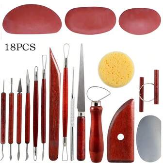 18pcs Pottery Tools Set, Imitation Rosewood Sculpture Knives, Clay Modeling Silicone Scraper, DIY Handcraft Tool Kit