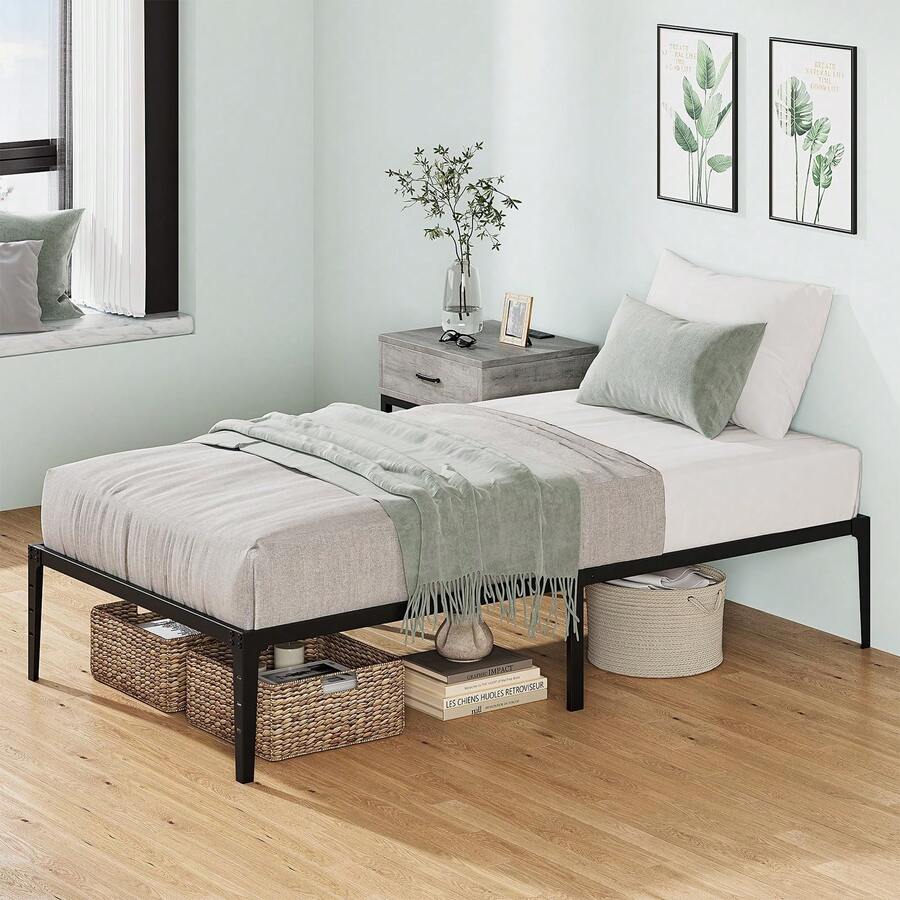 Twin Size Platform Bed Frame, Base de Cama Individual de Metal Altura, Estructura Baja con Soporte de Lamas de Acero, Sin Ruido, Sin Necesidad de Box Spring - Mellizo - Ver 1