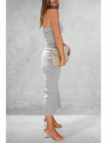 Women's Summer Bodycon Maxi Tube Dress Ribbed Strapless Side Slit Long Going Out Casual Elegant Party DressesHalloween Christmas New Year - 條紋淺灰白 - 查看 2