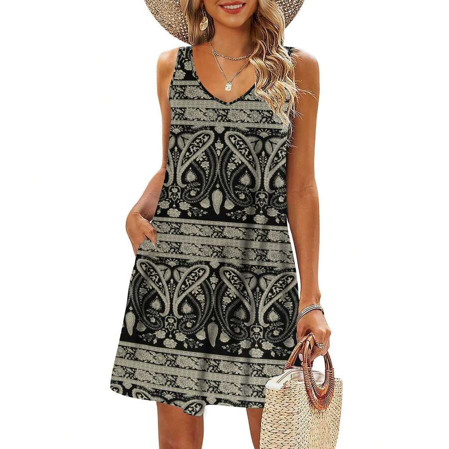 Women's Casual Summer T-Shirt Dresses – Ideal As Beach Cover-Ups Or Tank Dresses - 黑色腰果花 - 查看 1
