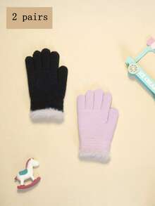 1 Par / 2 Pares de Guantes de Invierno Acolchados para Niños, Guantes de Punto Cálidos y a Prueba de Frío de Dedo Completo para Niños y Niños, Adecuados para Exteriores y Esquí, Apropiados para Niños de 3 a 12 Años - Peluche de color sólido - Ver 15