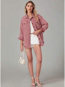 Vetinee Women's Oversized Button Up Frayed Hem Shacket Long Sleeve Pockets Denim Jean Jacket - Faded Rose - 查看 6
