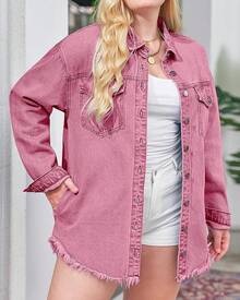 Vetinee Women's Oversized Button Up Frayed Hem Shacket Long Sleeve Pockets Denim Jean Jacket - 紫丁香玫瑰 - 查看 8