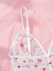 Women's White Sheer Sleepwear, Red Heart Shape&Bow&Cherry Digital Print, Ruched V-Neck Camisole Tight Dress,Spaghetti Strap Slip Dress,Sexy Lingerie - White - View 9