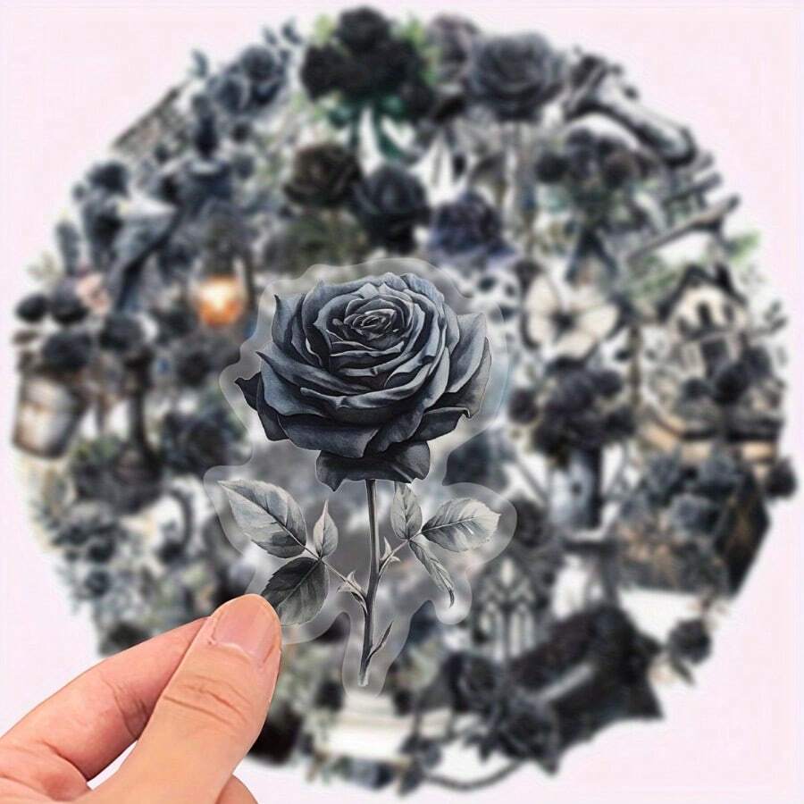 50pcs Of Transparent Retro Cartoon Black Rose Graffiti Stickers PET Material Aesthetic Decals - Suitable For Decorating Laptops, Cell Phones, Guitars, Water Bottles, Cars, Bicycles, Luggage, Scrapbooks, Musical Instruments - Perfect For Party Giveaways, Rewards And Holiday Gifts