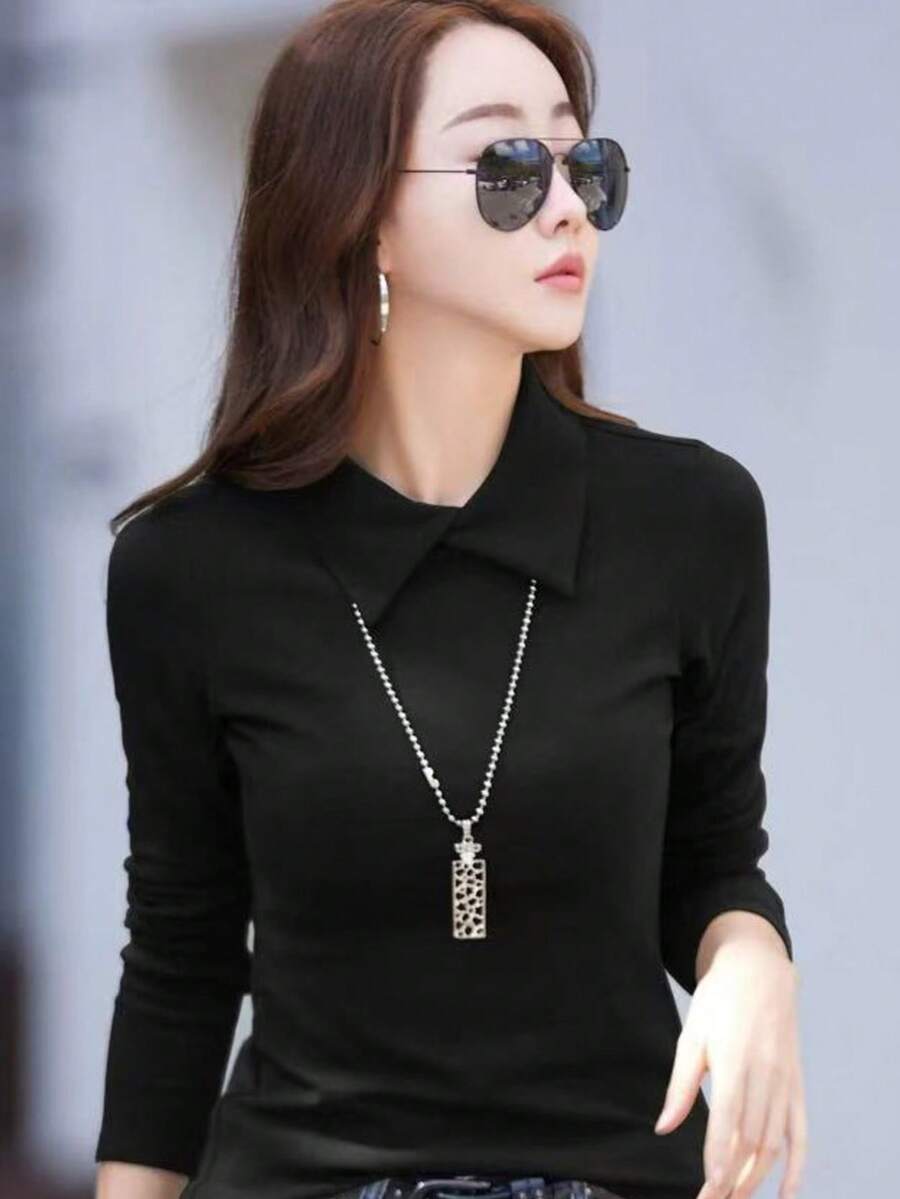 Chemise de corps noire élégante et affinante à col roulé, polyvalente et mettant la silhouette en valeur, nouveau design automne/hiver pour femmes