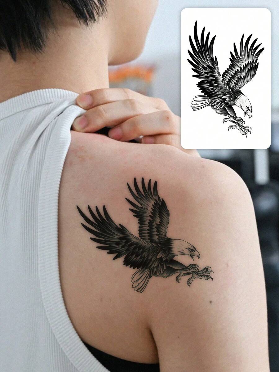 1pc Men's Temporary Tattoo, Gothic Style Fierce Eagle Design, Edgy & Masculine, Suitable For Cool Men, Lasts 7-14 Days, Waterproof & Sweatproof, Can Be Applied On Arm, Shoulder - Black - View 1
