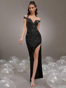 New Women's Luxury Heavy Industry Shiny Diamond Design Sexy Long Bandage Dress With One Piece Collar Shoulder Sleeve Water Diamond Tassel Design Tight Fit Fork To Thigh Long Dress For Women's Festivals/Weddings/Parties/Banquets/Women's Formal Banquets Dress - Black - View 4