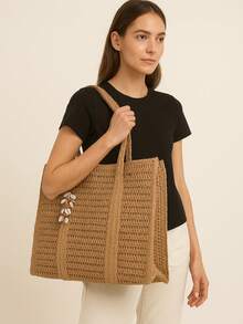 Bolsa Sacola Grande de Palha com Búzios | Bolsa de Viagem Feminina para Praia e Verão Tote Bag Artesanal Estilo Boho Chic - Caqui - Visão 1