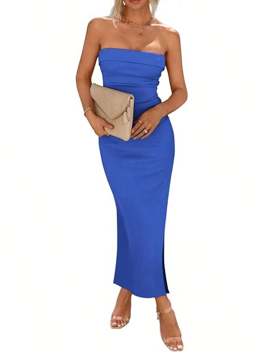 Women's Summer Bodycon Maxi Tube Dress Ribbed Strapless Side Slit Long Going Out Casual Elegant Party DressesHalloween Christmas New Year - 藍色 - 查看 1