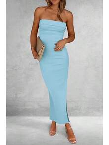 Women's Summer Bodycon Maxi Tube Dress Ribbed Strapless Side Slit Long Going Out Casual Elegant Party DressesHalloween Christmas New Year - Aqua Blue - 查看 6