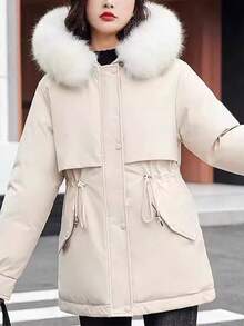 Parka de felpa con cordón en la cintura y capucha con cremallera, cálida chaqueta de invierno para mujer - Blanco - Ver 4