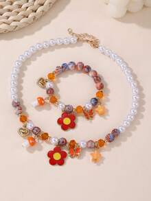 2pcs/Set Girls' Starfish, Shell, Heart, Butterfly & Pearl Beaded Necklace And Bracelet Set, Suitable For Vacation And Daily Decoration - Starfish Shell Necklace Bracelet Set - View 4
