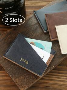 1pc Personalized Ultra-Thin Minimalist Card Holder, Customized Gold Letter Pattern Faux Leather Credit Card Wallet, Vintage Asymmetric Card Holder, Unisex, 2 Card Slots, Retro Card Wallet, Color Block Design, Front Pocket Wallet, Best Handmade Gift - Multicolor - View 4