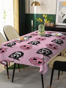 1pc Halloween Pink Theme Tablecloth, Printed With Scary Faces & Pumpkin Hearts, Quirky Style With Holiday Vibe. Rectangular Design, Unique & Eye-Catching Pattern, Vivid Details, Suitable For Halloween Dining Table Decor, Adding Personalized & Fun To Meal Settings.
